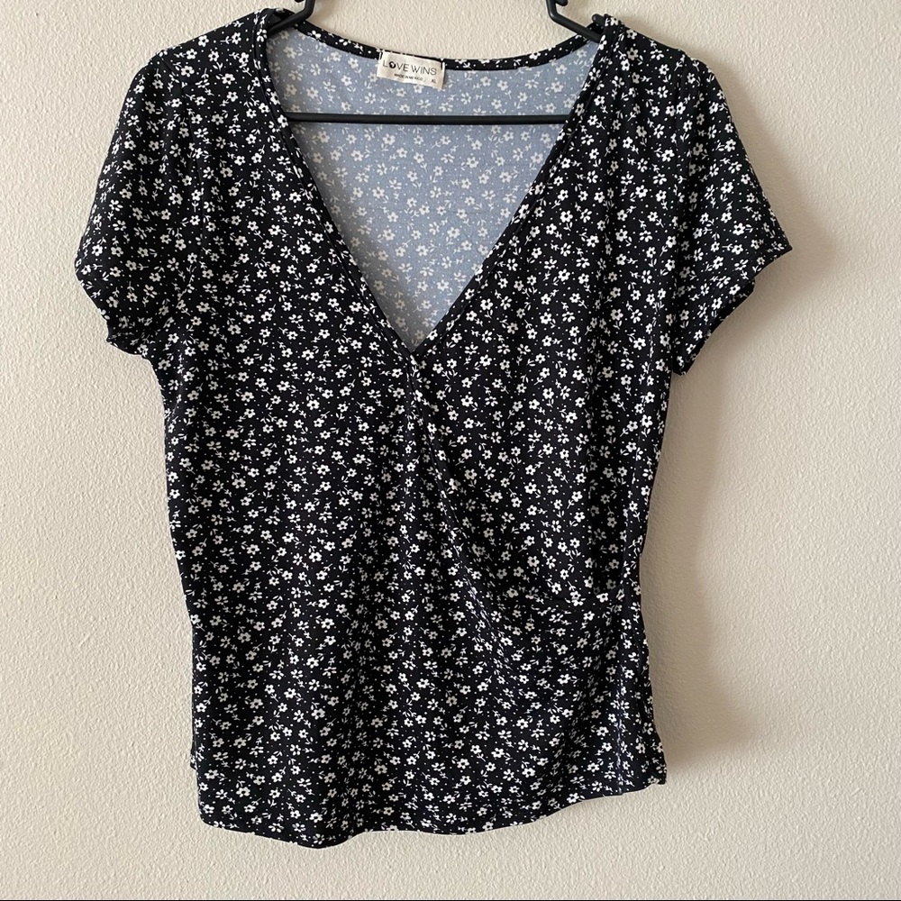 Black floral faux wrap top